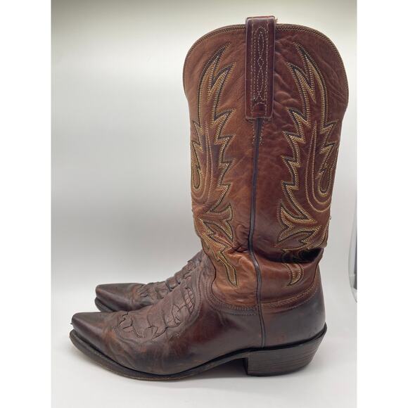 1883 Lucchese Brown Leather Caiman Inlay Snip Toe Cowboy Boots Embroider Men 8 D main image 9